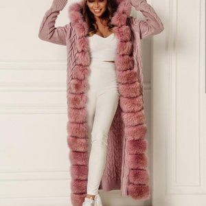 Long Knit Cardigan With Genuine Fur Trim